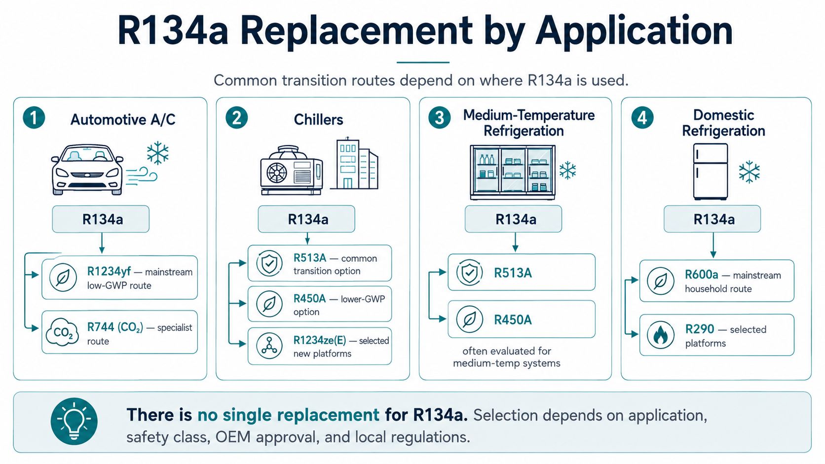 R134a replacement by application infographic showing separate transition routes for automotive air conditioning, chillers, medium-temperature refrigeration, domestic refrigeration and selected low-GWP system architectures