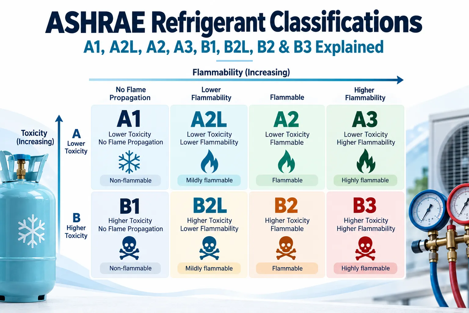 ASHRAE refrigerant classifications A1 A2L A2 A3 B1 B2L B2 and B3