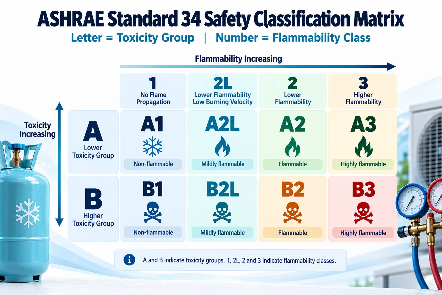 ASHRAE Standard 34 refrigerant safety classification matrix