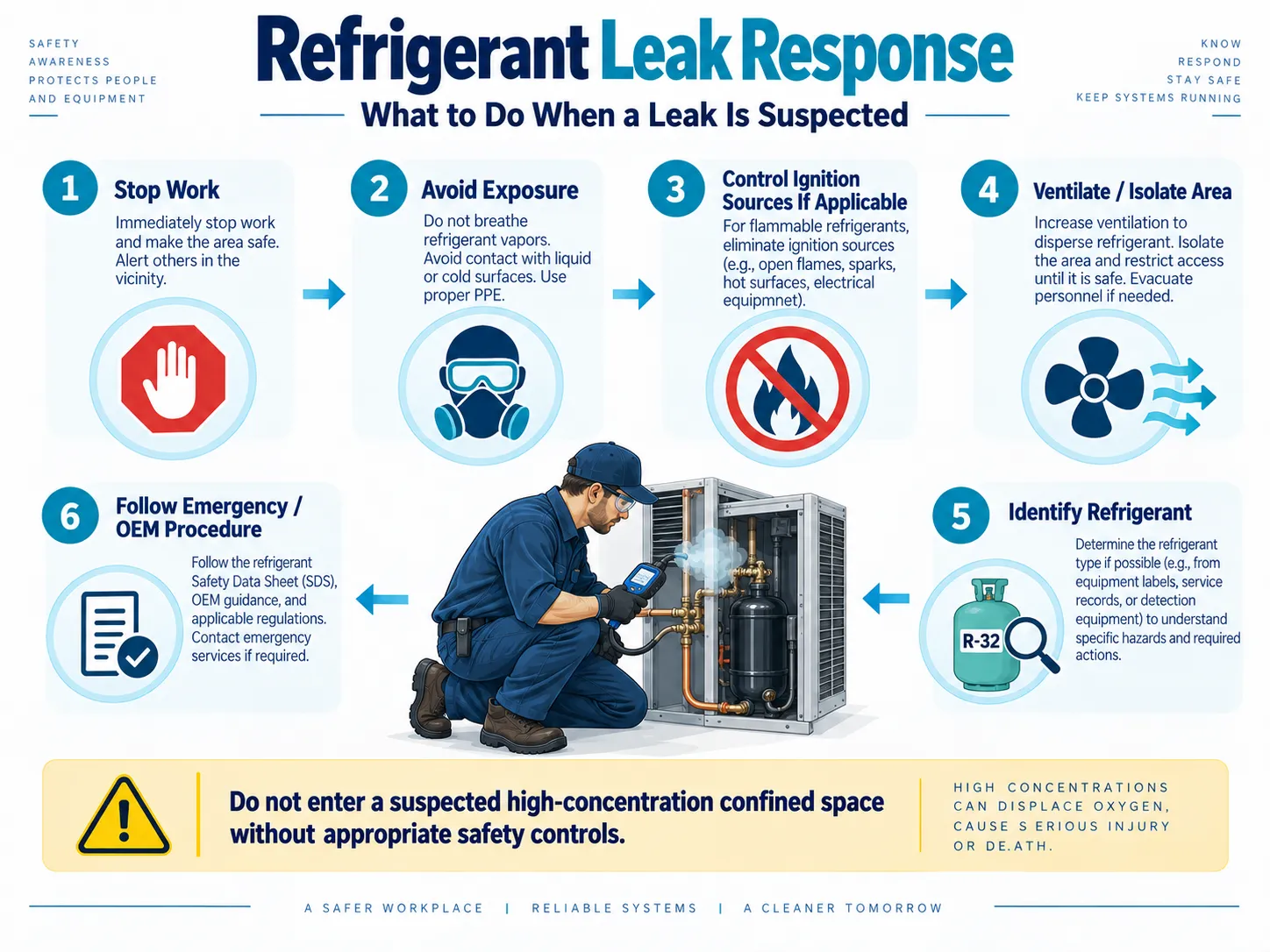 Refrigerant leak emergency response steps