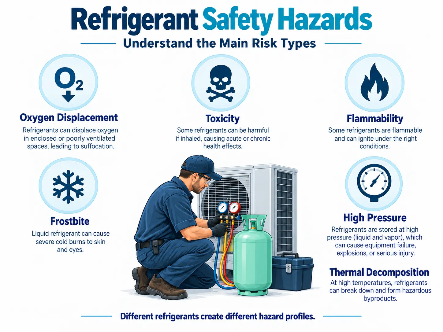 Refrigerant safety hazards including oxygen displacement, toxicity, flammability, frostbite, high pressure and thermal decomposition