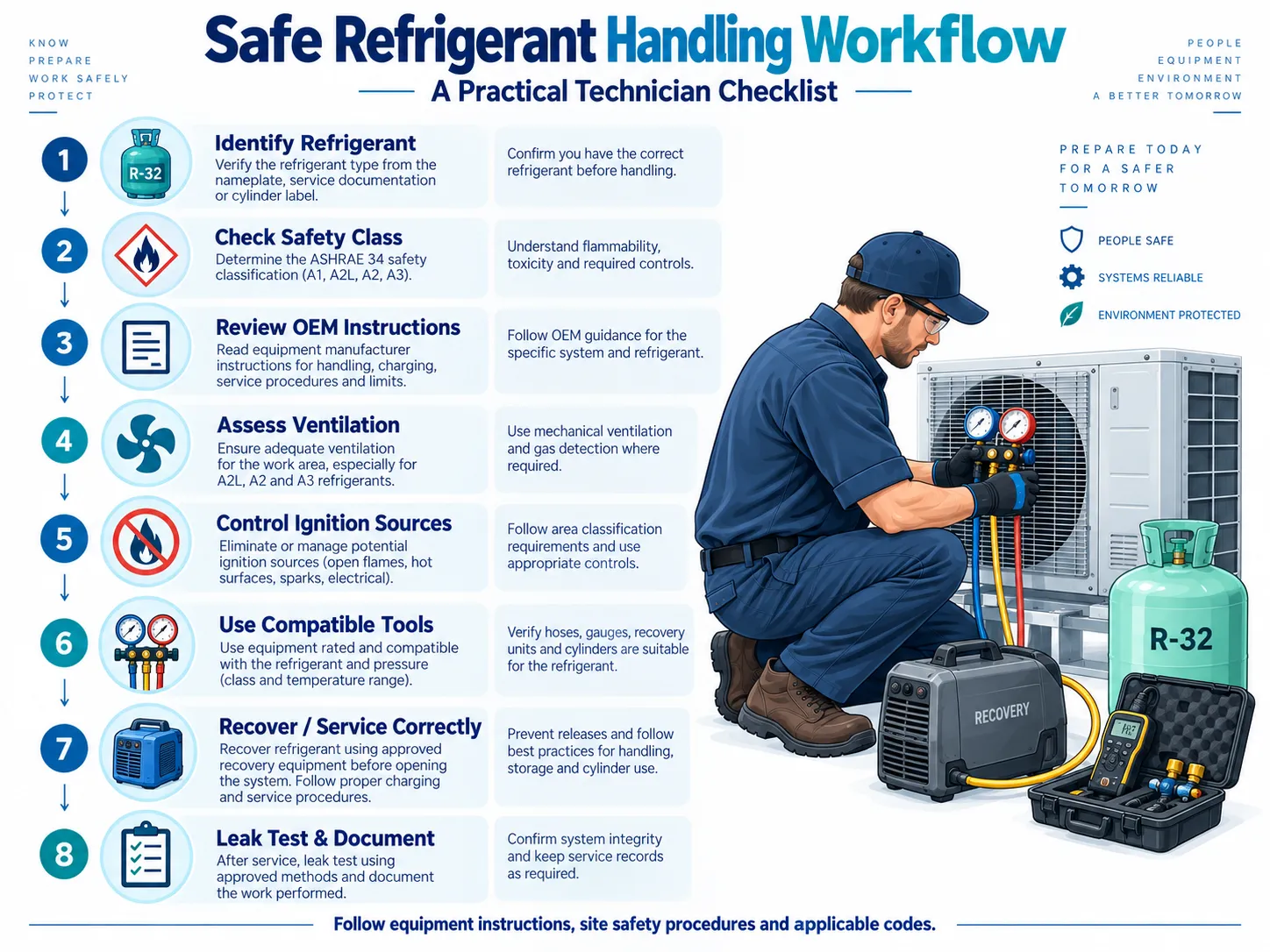 Safe refrigerant handling workflow for HVAC technicians